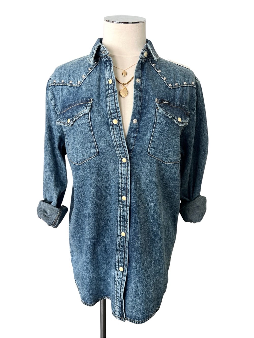 LEE Blue Denim Working Western Shirt Stud Shirt Side Small Sold at Free People
